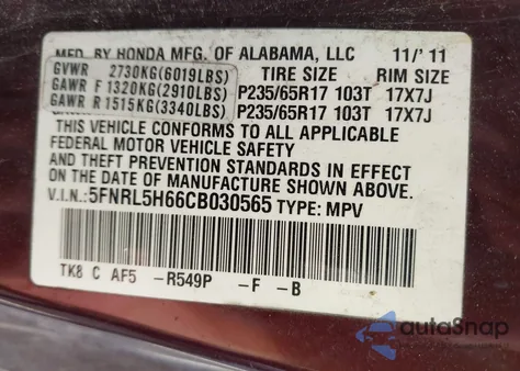 2012 Honda Odyssey Ex-L z USA, uszkodzony, nr VIN 5FNRL5H66CB030565